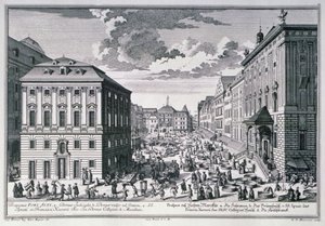 Vista do Alto Mercado, Viena, gravada por Georg-Daniel Heumann (1691-1759)